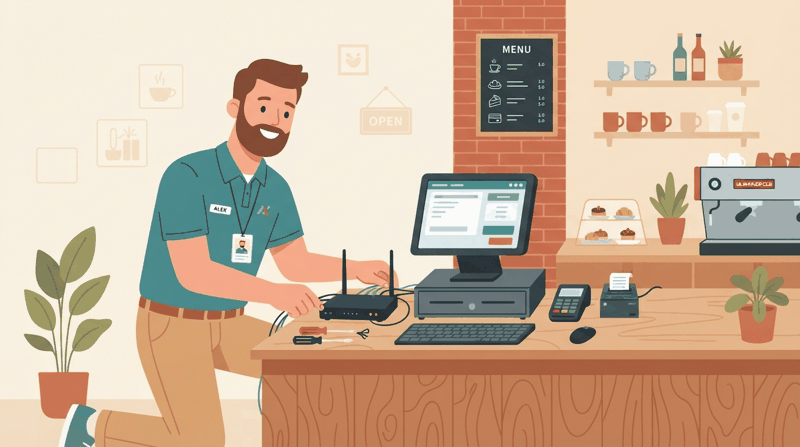 A technician setting up WiFi and point-of-sale equipment at a cafe counter