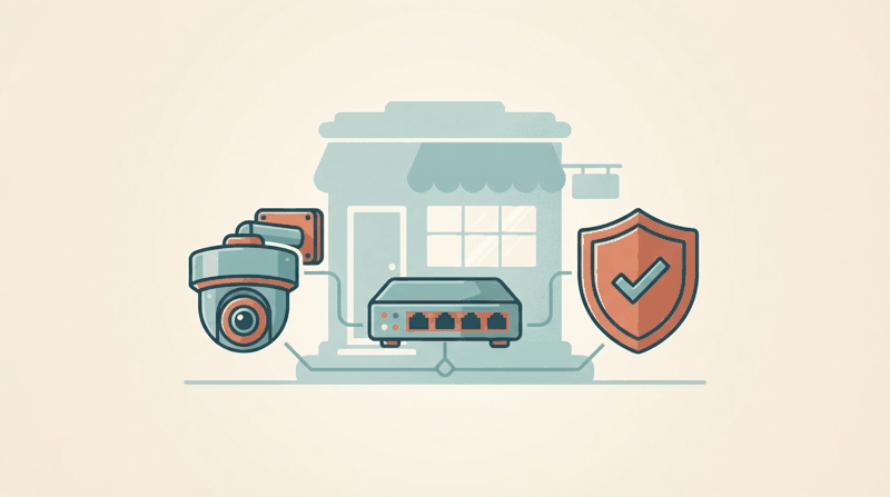 A security camera, network equipment, and a shield icon representing protected business systems
