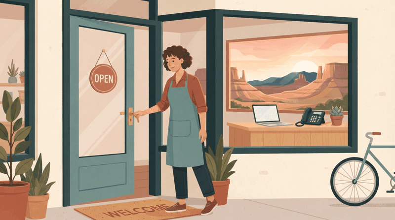 A new business owner opening their shop at sunrise