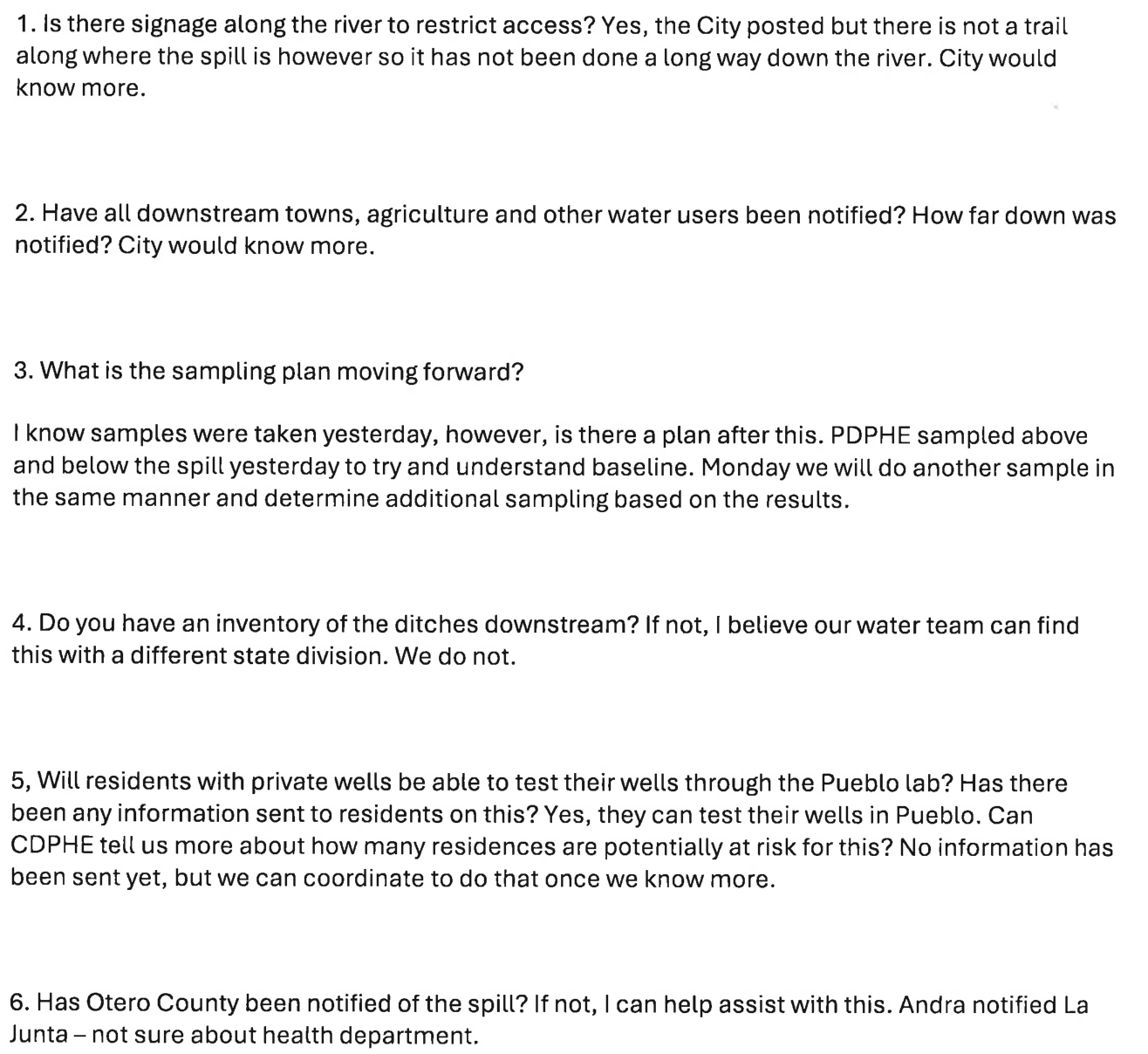 Scanned August 28 questions and responses about signs, downstream notification, sampling, ditches and private wells; transcript follows.